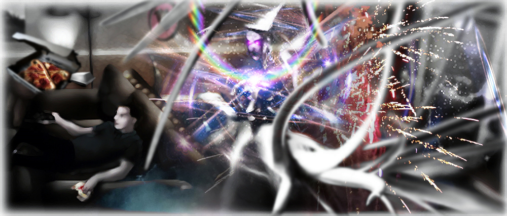 Man watches TV with monster behind sofa