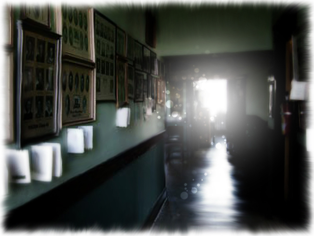 Molson schoolhouse hallway lined with photos