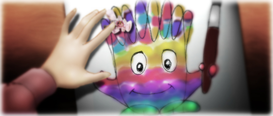 Shelby touching flower on Petals drawing