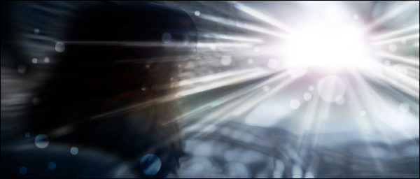 Car interior view of light flashes through foggy night