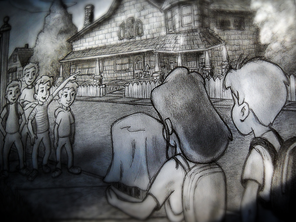 Kid pointing at haunted house