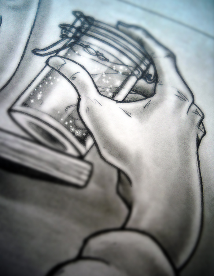 Close-up of hand putting jar on shelf