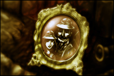 Photo of Angela and her father wearing pith helmets on expedition