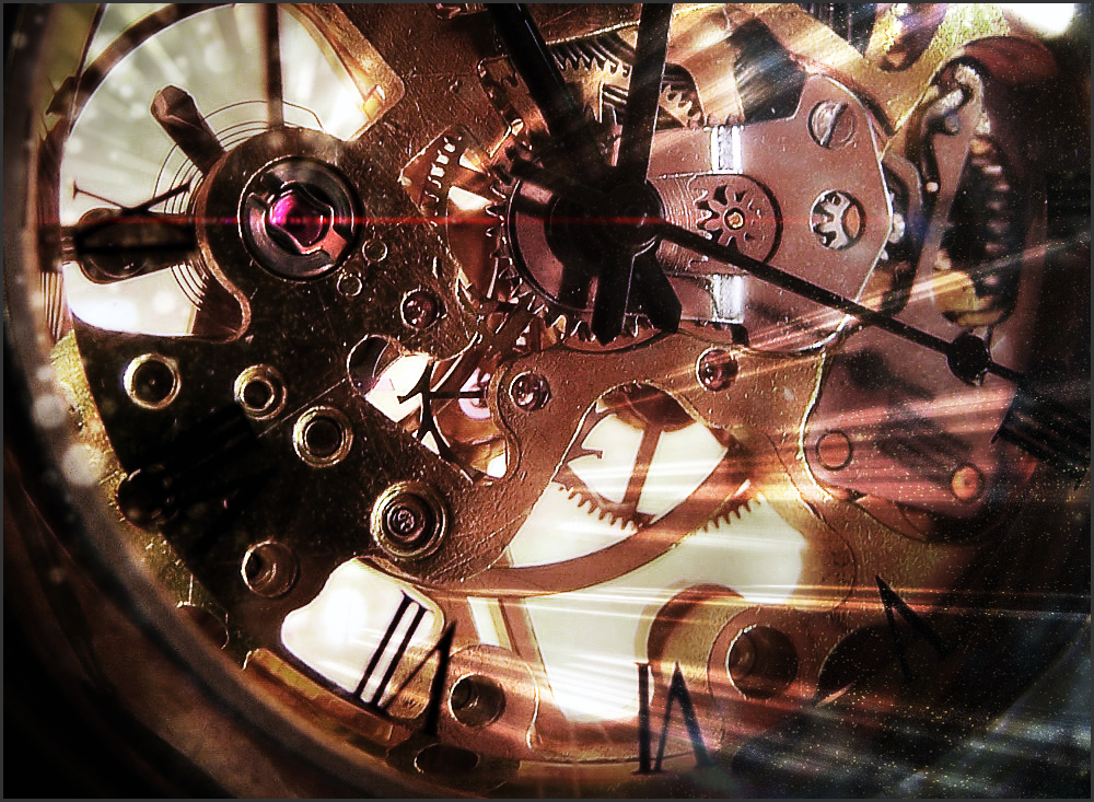 Close-up of glowing ruby in animated pocket watch